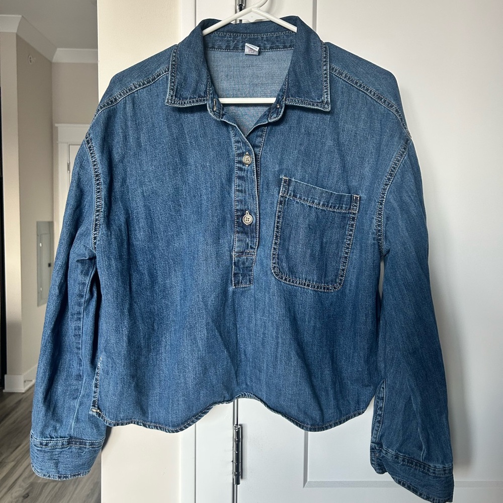 Old Navy Dark Blue Denim 1/4 Button Down Collared Shirt